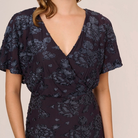 Adrianna Papell Floral Burnout Velvet Long Blouson Gown In Midnight Blue  Boho - Picture 2 of 15